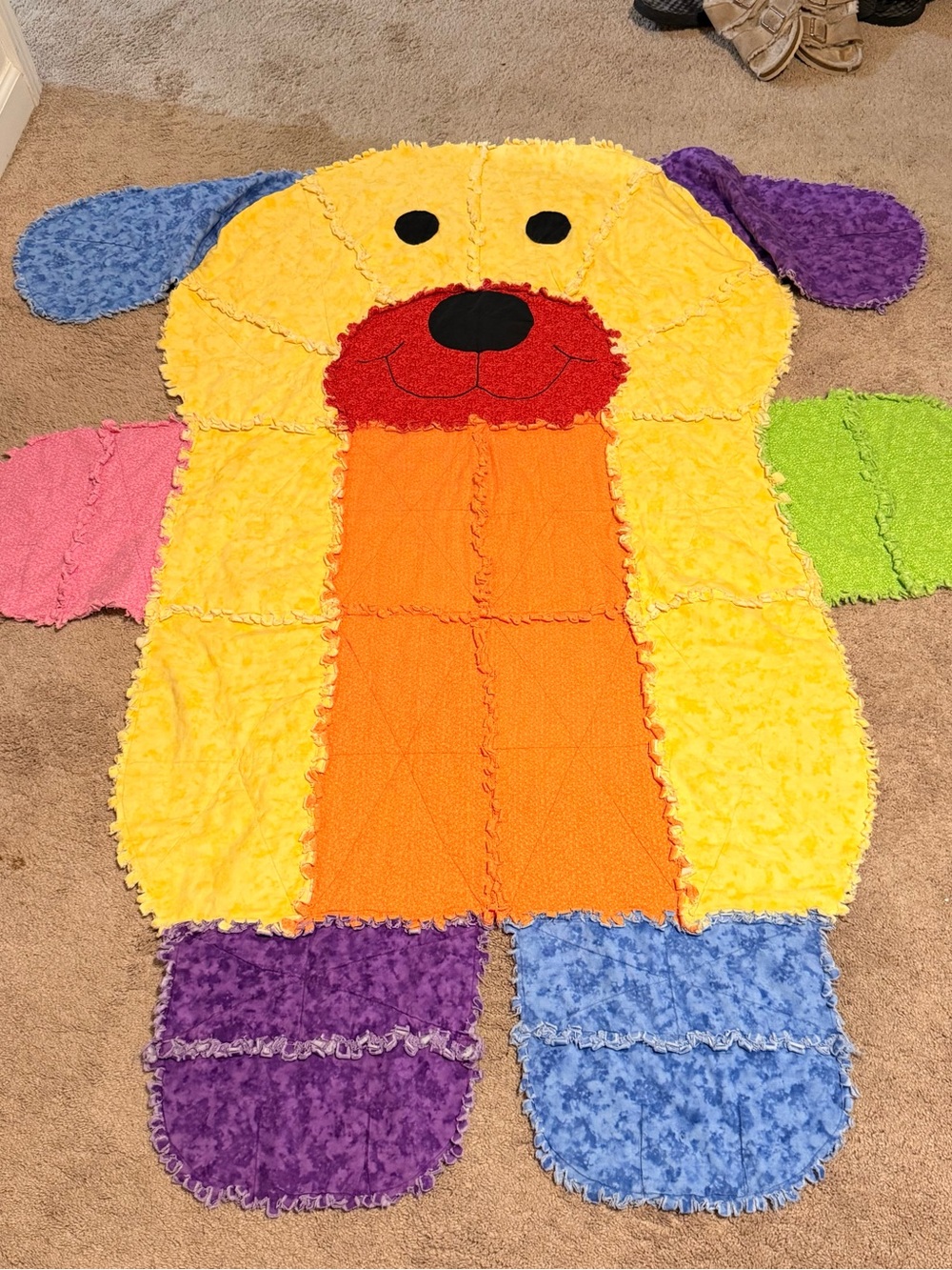 Patchwork Dog Shaped Vintage Quilt - Multi Rainbow Color Baby Blanket - So Cute!